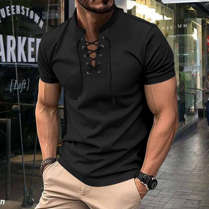 Herre kortærmet Henley-shirt med moderne snøringdesign Stilla