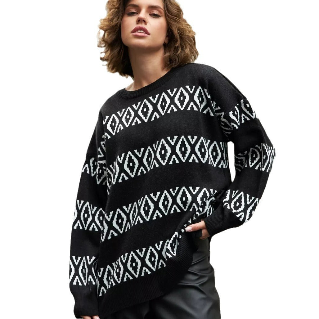 Dame afslappet strikpullover med geometrisk mønster Stilla