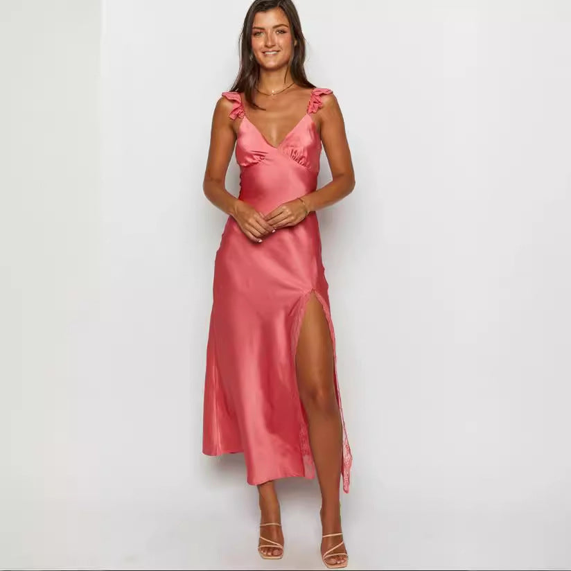 Kvinder Elegant Maxi Kjole med Blaffende Skirt og Blonde Detaljer Skovae