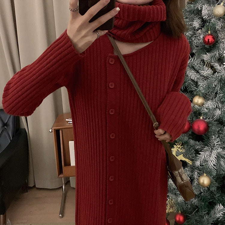 Femme Cozy Rullekrave Knap-Op Midi Kjole Stilla
