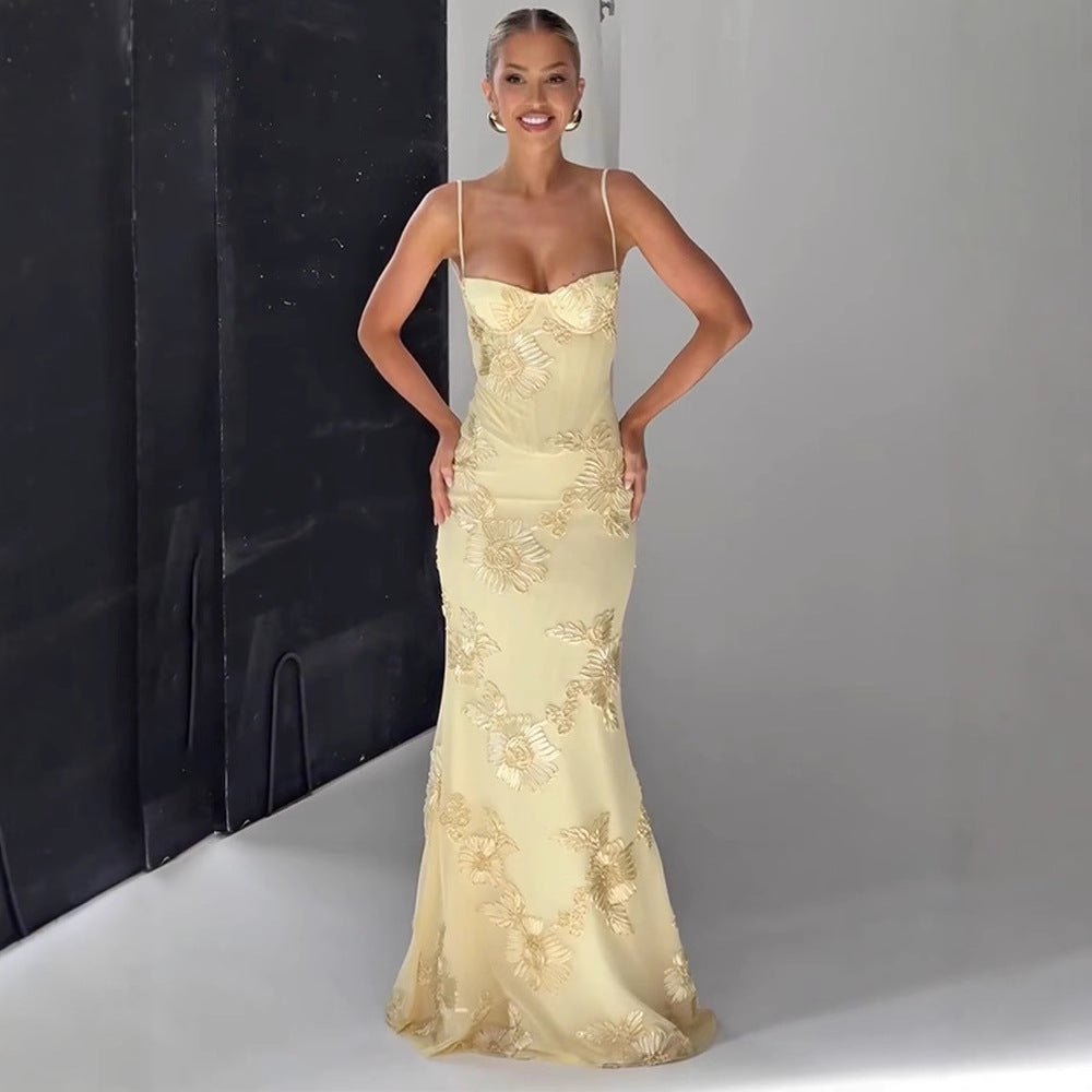 Dame off-the-shoulder Maxi-kjole med florale applikationer Stilla