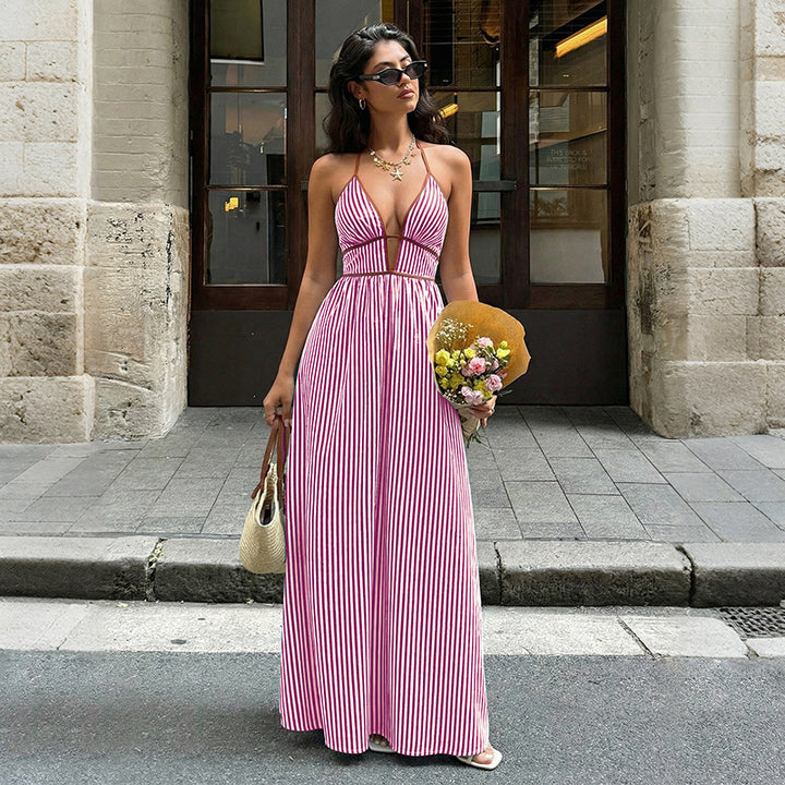 Damen Maxi-Kleid mit tiefem V-Ausschnitt und raffiniertem Streifenmuster Skovae