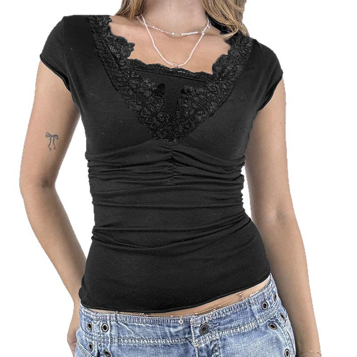 Dame elegant spids top med ruched design og V-hals Skovae