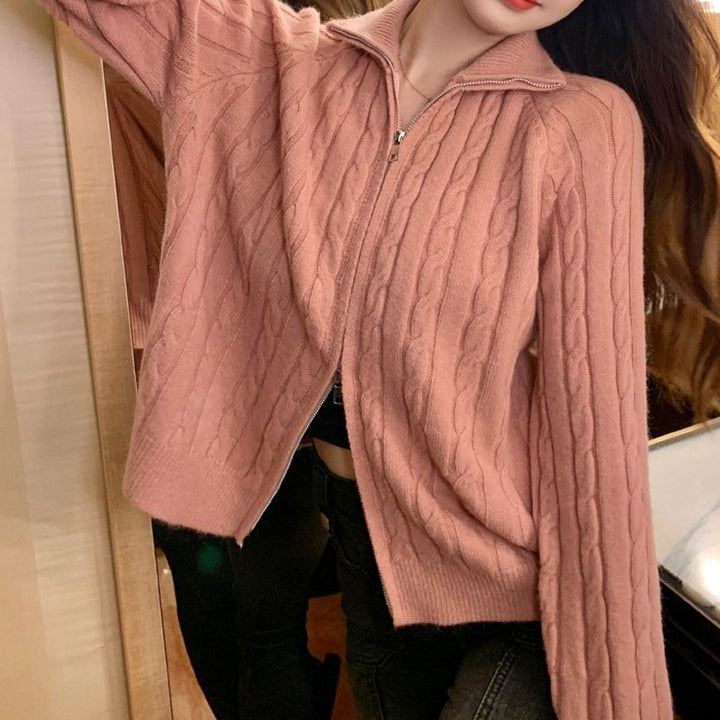 Kvinder cardigan med kabel design og høj krave Stilla