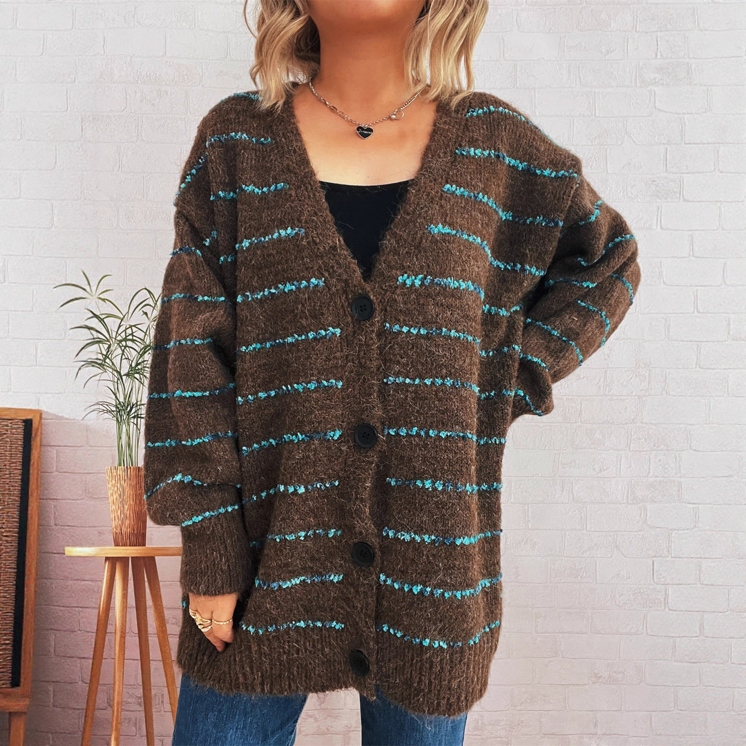 Damer varm strik cardigan med stribet mønster og store knapper Stilla