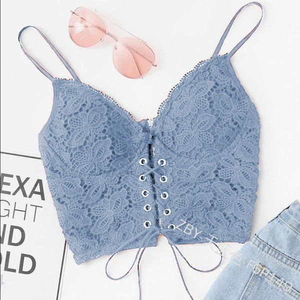 Dame Spids-Crop-Top med dekorative snøre detaljer og fine spidsindsatser Stilla
