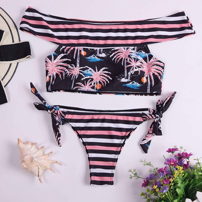 Dame Off-Shoulder Bikini-Sæt med trendy palmeprint og bred vatteret Stilla