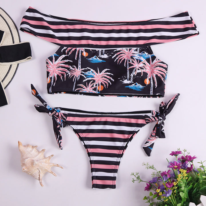 Dame Off-Shoulder Bikini-Sæt med trendy palmeprint og bred vatteret Stilla