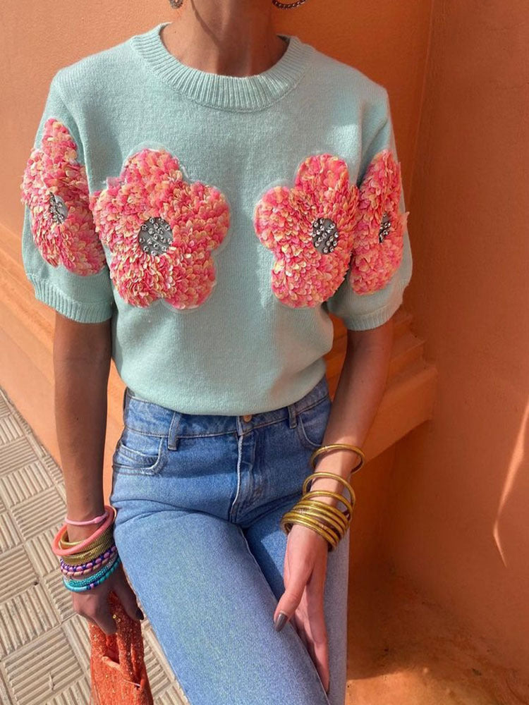 Dame strikpullover med blomster 3D-design Stilla