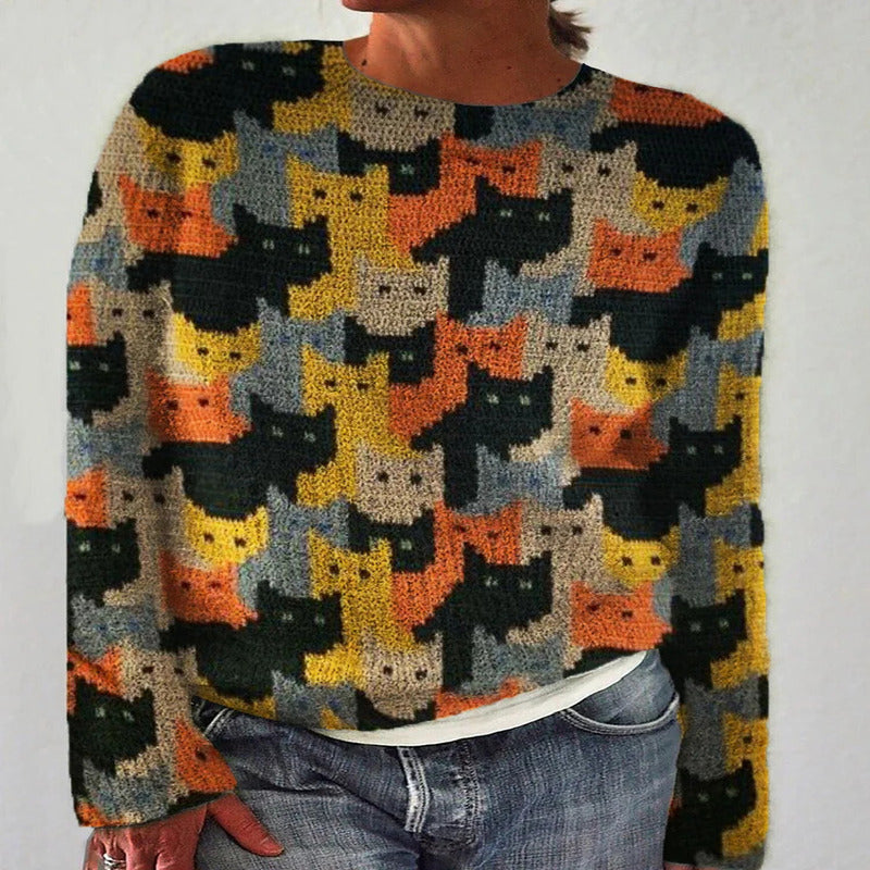 Kvindernes strikkede sweater med legende kattemønster Stilla