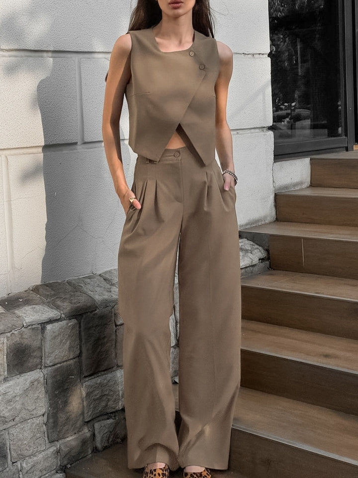 Dame trendy cropped top med asymmetrisk snit og bredskårne højtaljede bukser Stilla