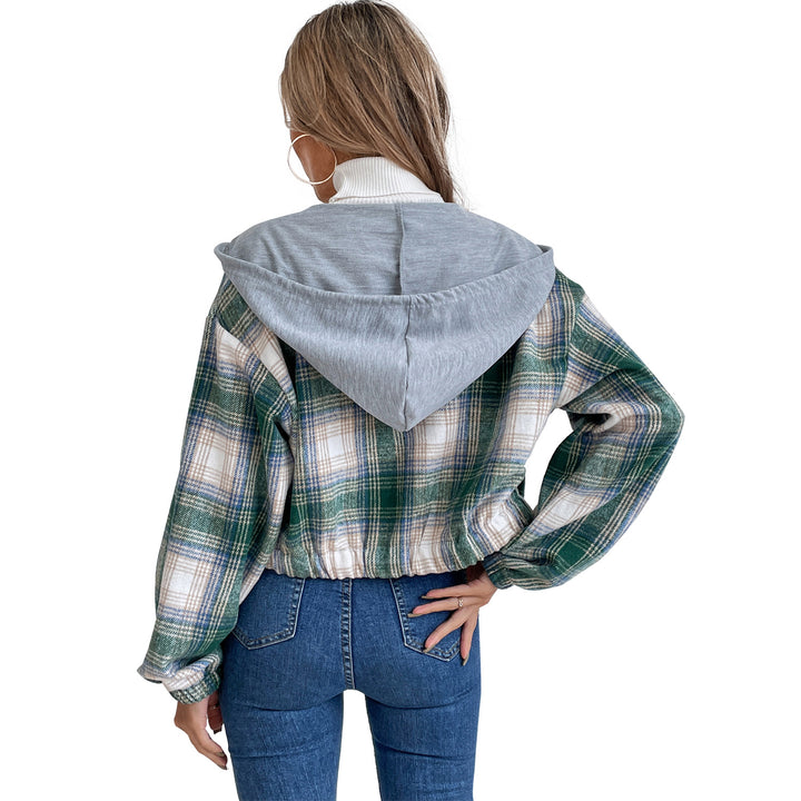 Kvindernes cropped flanneljakke med hætte og moderne ternet mønster Stilla