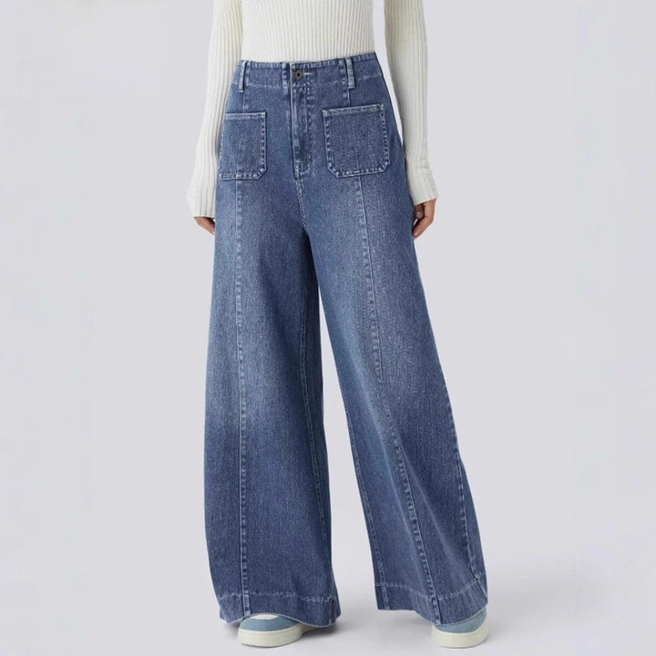 Dame nan højt skåret jeans-palazzo-bukser med bred ben og påsyede forlommer Skovae