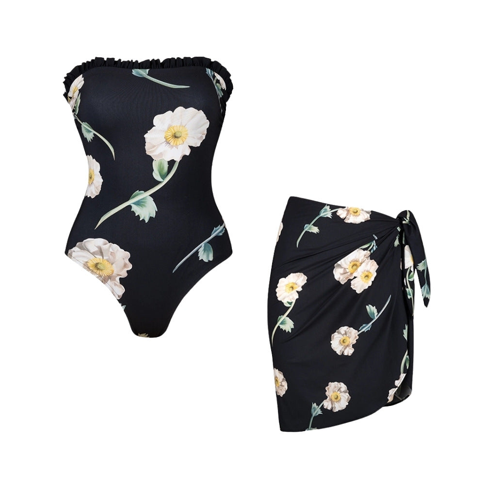Damer one-piece badedragt med blomstrede flæsedetaljer Skovae