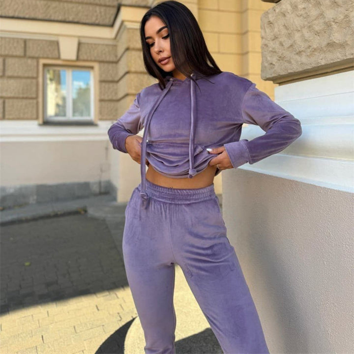 Kvinders loungewear sæt med hætte og elastisk taljeband