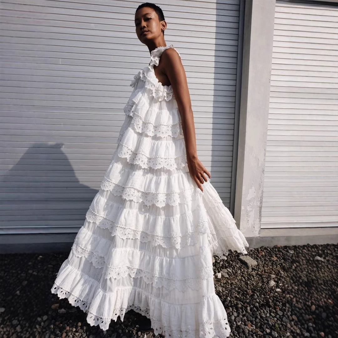 Dame Langærmet Maxi-Kjole med spidsbesatte Ruffles-detaljer Stilla