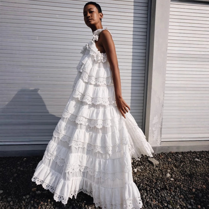 Dame Langærmet Maxi-Kjole med spidsbesatte Ruffles-detaljer Stilla