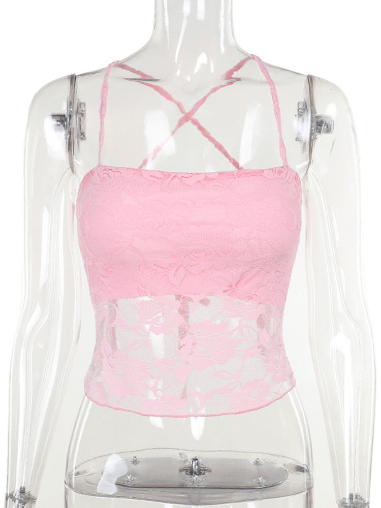 Dame spids crop top med justerbare spaghetti stropper og blomster mønster Skovae