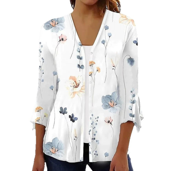 Dame nan let chiffon bluse med akvarel blomstertryk, V-halsudskæring, knapliste og trekvartærmer Skovae