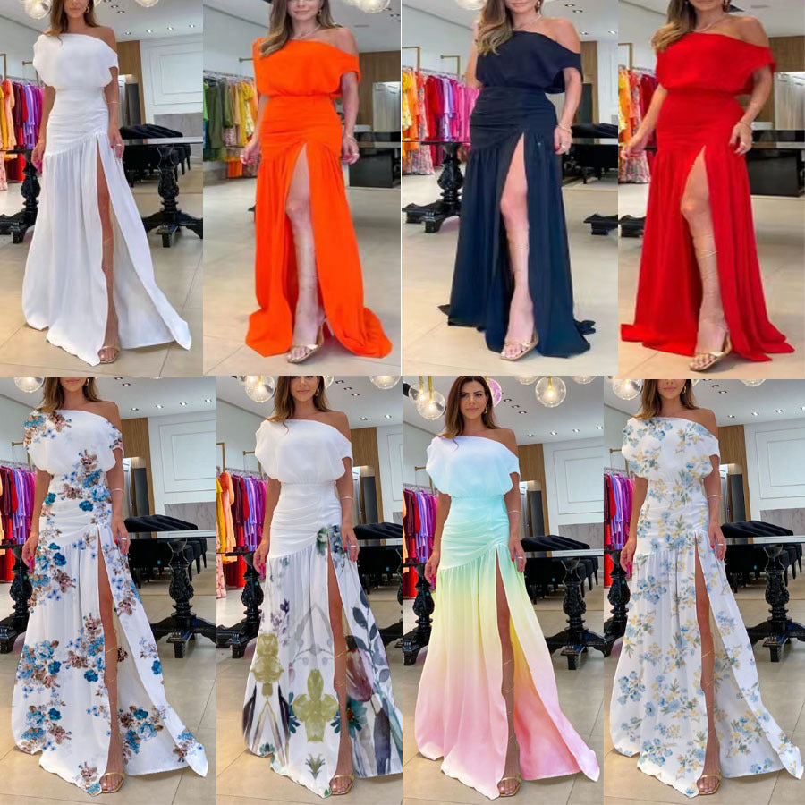 Dame Langærmet kjole med sidelængde og off-shoulder design Skovae