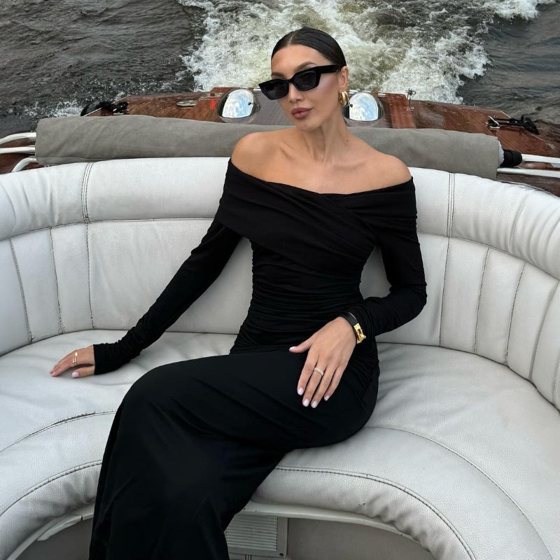 Dame Elegant Off-Shoulder-Maxikjole med rynket design Stilla
