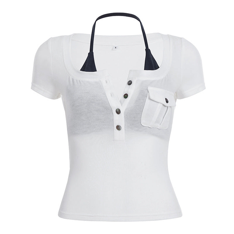 Dame kortærmet bluse med trendy Henley-design og praktisk brystlomme Skovae