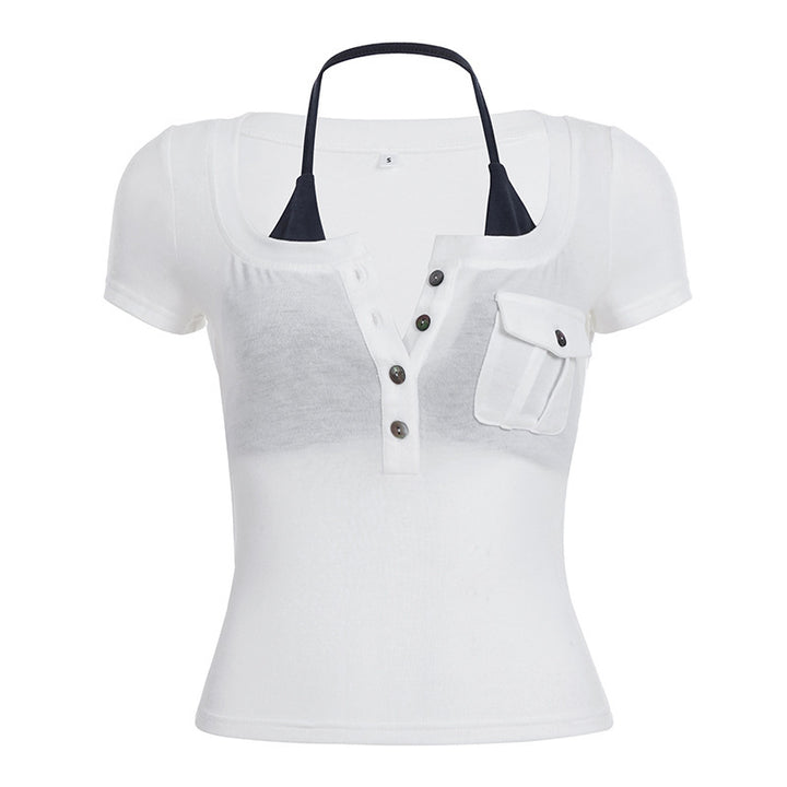 Dame kortærmet bluse med trendy Henley-design og praktisk brystlomme Skovae