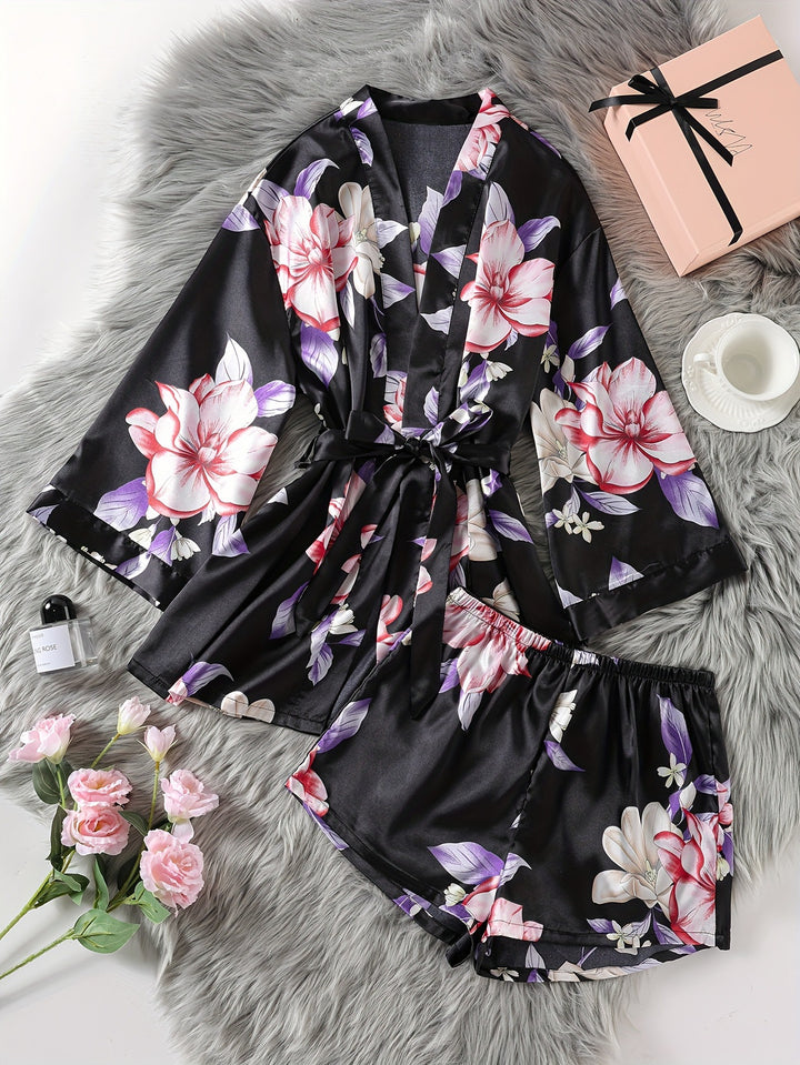 Dame Floral Satin Kimono og Shorts Sæt Stilla