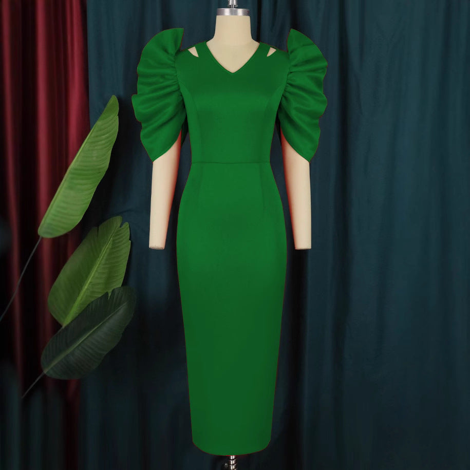 Dame Elegant Midi Kjole med voluminøse Pufærmer Skovae