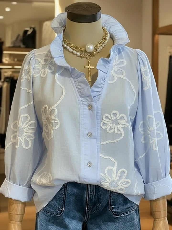 Dame elegant bluse med florale broderier og voluminøse ærmer Skovae