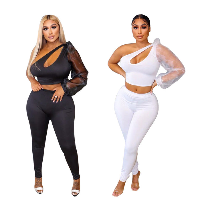 Dame trendy sæt bestående af crop top med asymmetrisk udskæring og figurnær leggings Stilla