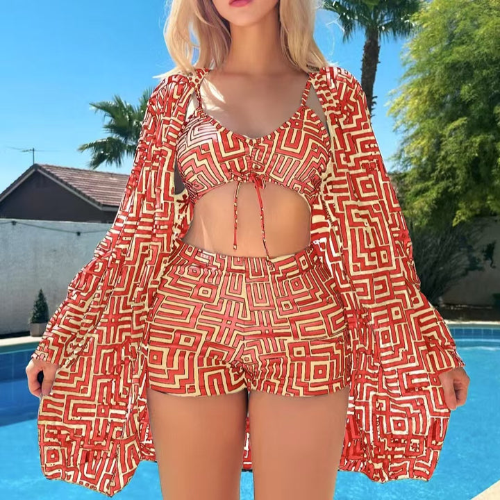 Dame badetøj sæt med mode kimono og afslappede shorts Skovae