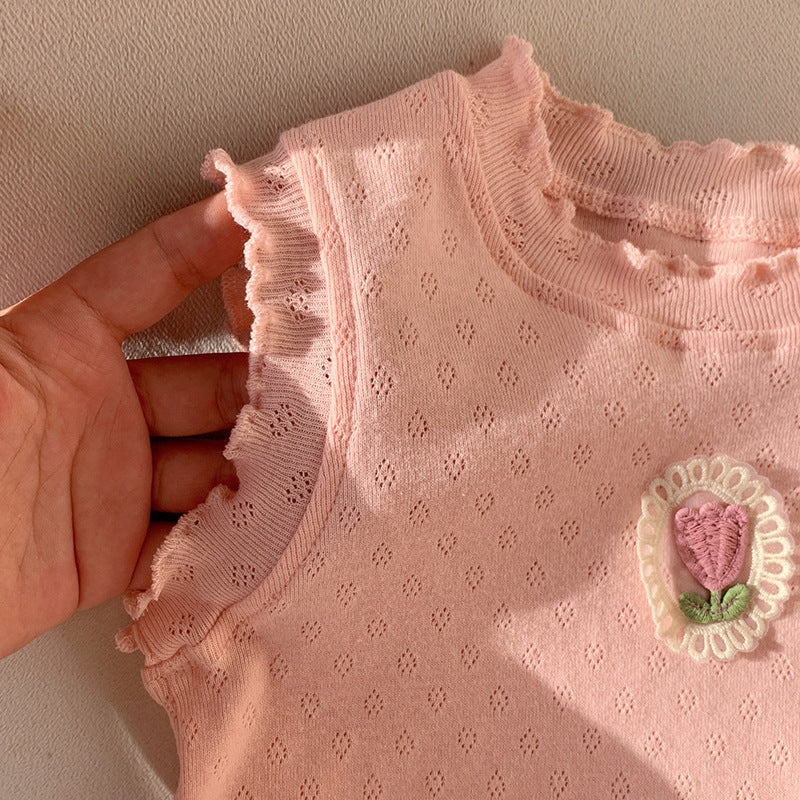 Pige Rynkeindsats Floral Applikation Bodysuit Stilla