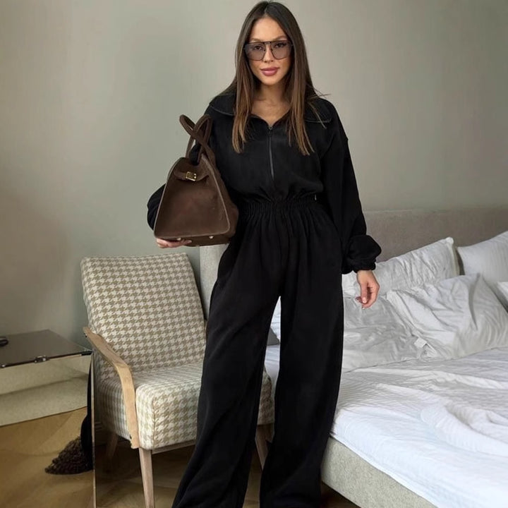 Kvinder Oversized Fleece Jumpsuit med Standkrave og Elastisk Talje Skovae