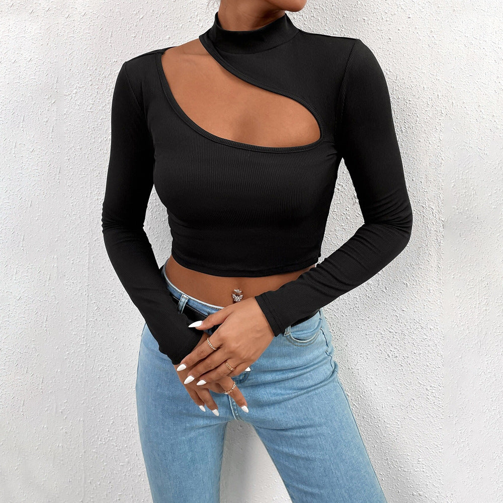 Kvinders langærmet crop top med asymmetrisk halsudskæring og elegant ståkrave Stilla
