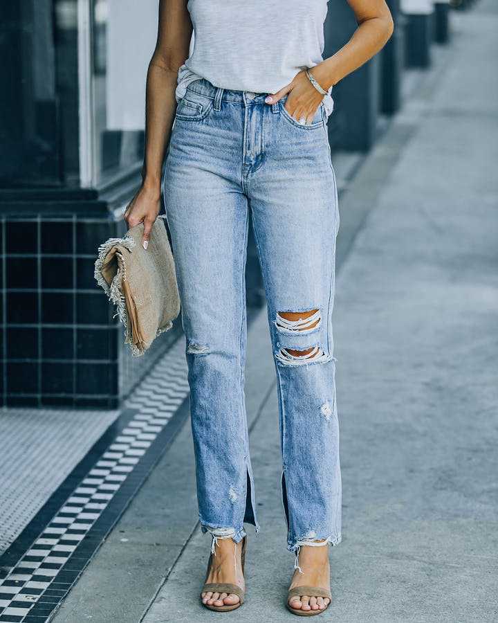 Dame High-Waist Jeans med frayed afslutninger og ripped-detaljer Stilla