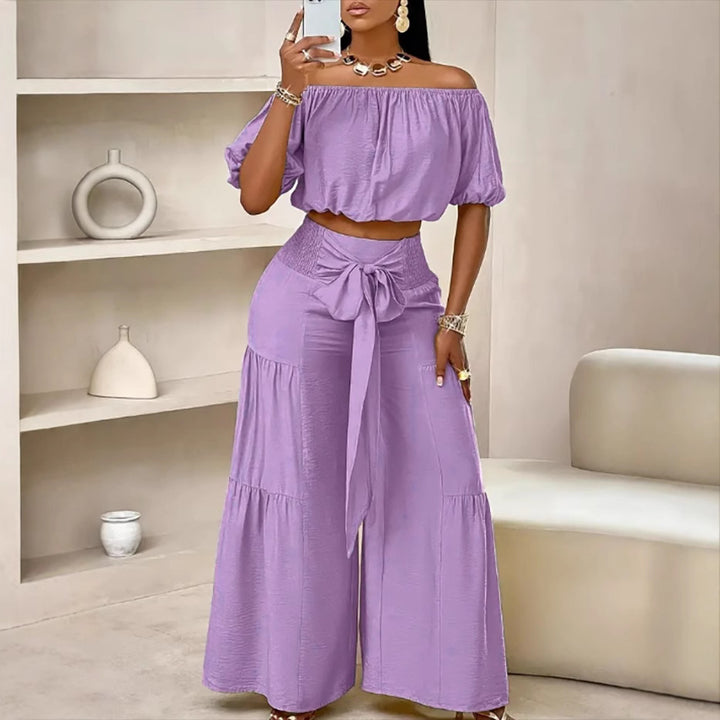 Damer Off-Shoulder Crop Top og Højtaljede Palazzo Bukser Sæt Stilla
