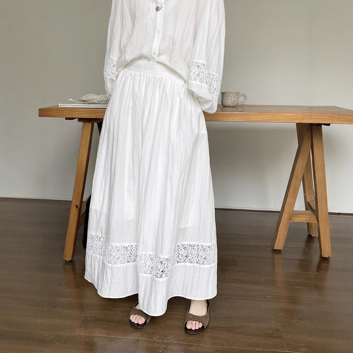 Dame Lang Skirt med Spidsapplikationer Stilla