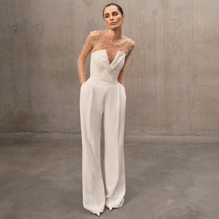 Damer elegant jumpsuit med gennemsigtige ærmer og perledekor Skovae