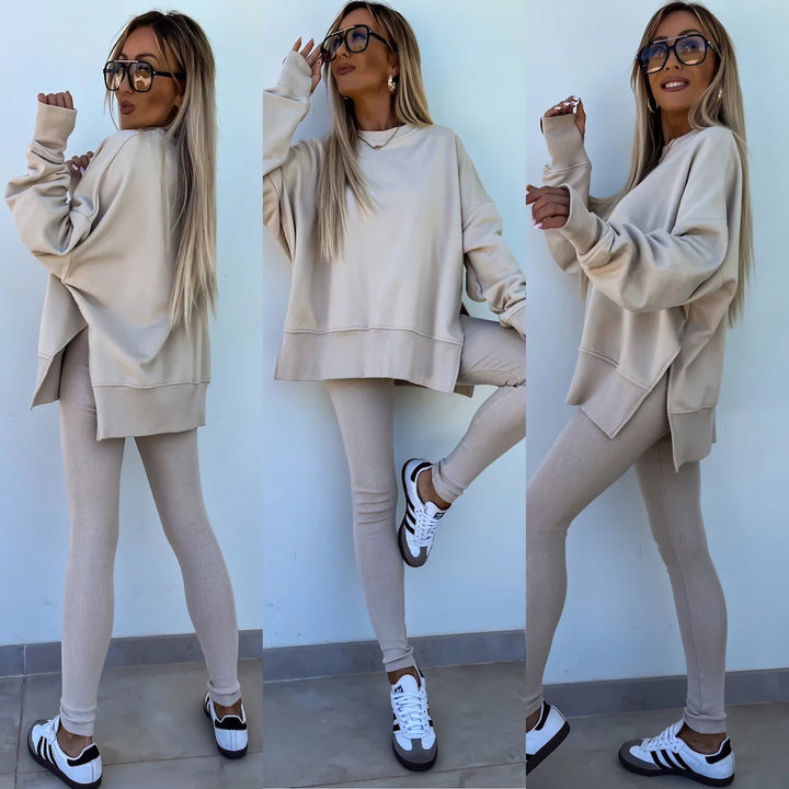 Kvinders afslappede sportslounge sæt med løs sweatshirt og figursyet leggings Skovae