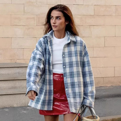 Dame Oversized Flannel skjorte med ternet mønster og afslappet snit Stilla