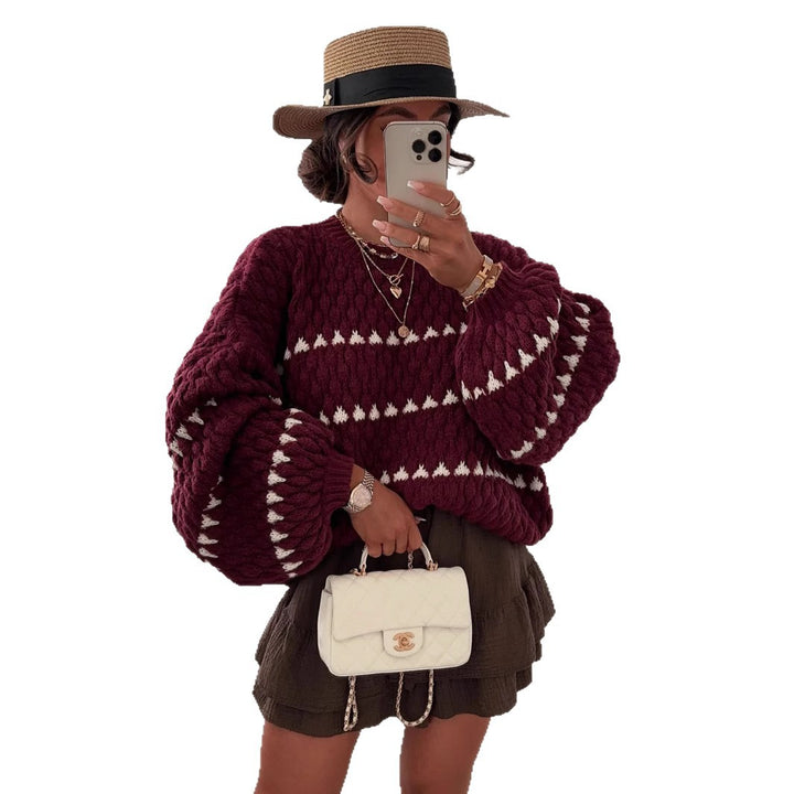 Dame elegant strikket sweater med brede ærmer og grafisk mønster Stilla