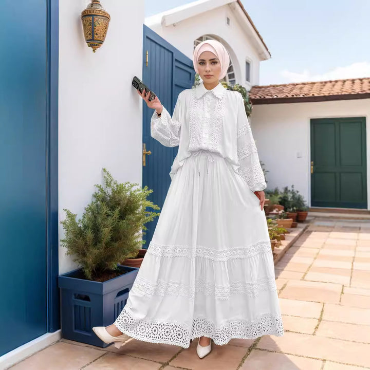 Kvinders sæt af blomster-broderet bluse og maxiskørt Stilla
