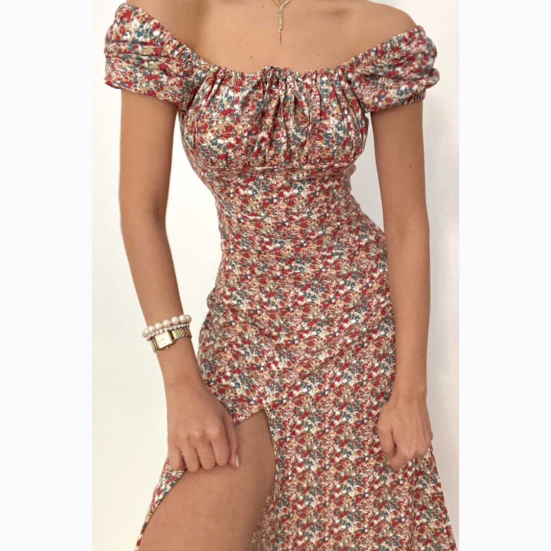 Women's Off-Shoulder Maxi Dress with Floral Design and Elegant Slit Skovae