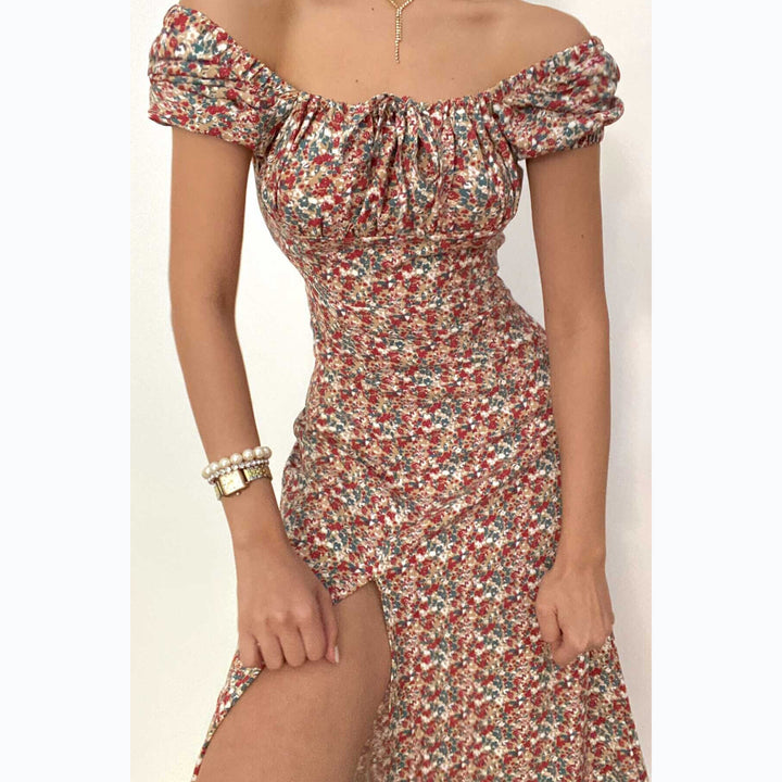 Women's Off-Shoulder Maxi Dress with Floral Design and Elegant Slit Skovae