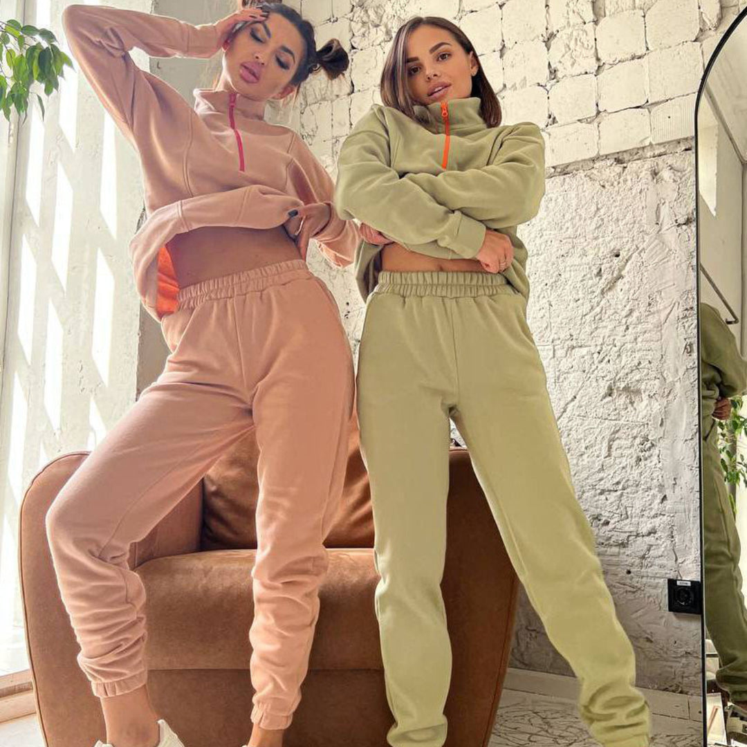 Dame sporty fleece loungewear sæt med praktisk lynlås Skovae