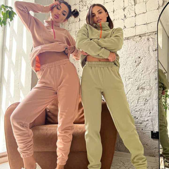 Dame sporty fleece loungewear sæt med praktisk lynlås Skovae