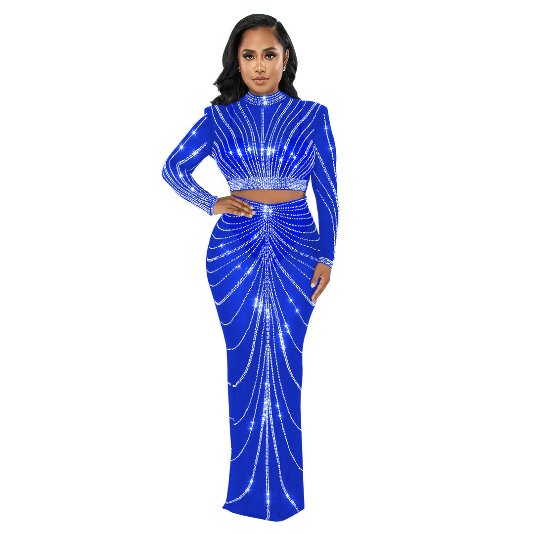 Dame Elegant Crop-Top og Maxi-Nederdel Sæt med glitrende Strass-dekorationer Stilla