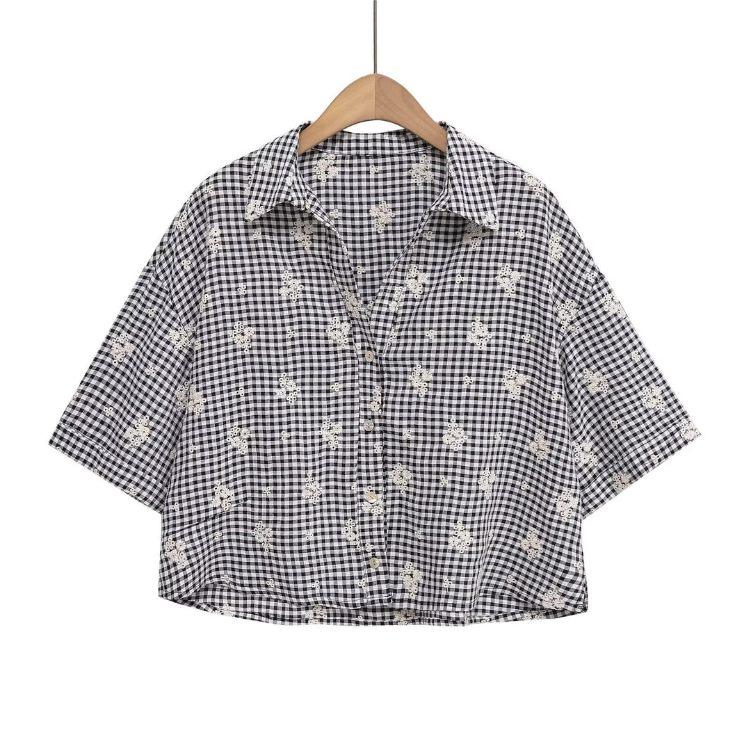 Dame bred gulerodsbukser med floralsk gingham-mønster og elegant kantdekoration Skovae