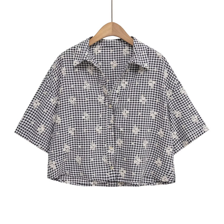Dame bred gulerodsbukser med floralsk gingham-mønster og elegant kantdekoration Skovae